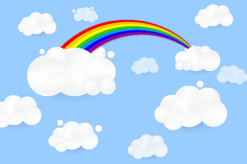 White 3d cloud and rainbow. Cartoon fluffy clouds icon in the blue sky. Vector illustration