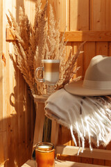 latte coffee in a glass, autumn composition