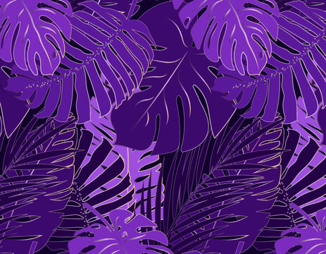 Seamless purple pattern monstera and palm leaves.