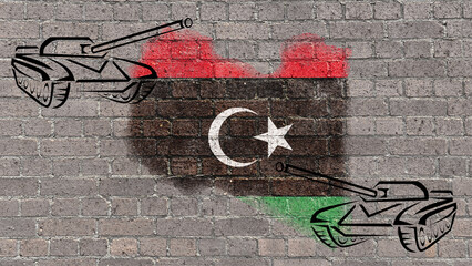 Libyan map and flag painted on the old brick wall. In the background, on the left and right, a...