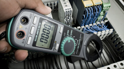 Electrician use clamp meter to measure the current of electrical wires on panel circuit.