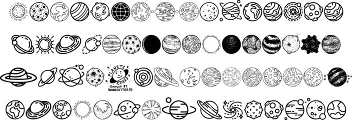 A collection of planetary sketches for icons or logos on a black and white background
