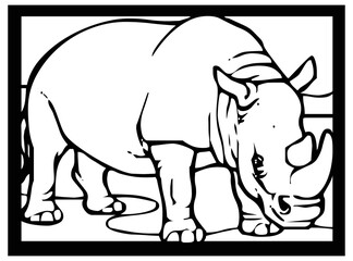 Rhino sketches on black and white background in a frame for comics or learning to color for children.