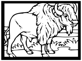 Sketch of a bull on a black and white background in a frame for comics or learning to color for children.
