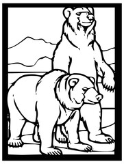 Sketch of a bear on a black and white background in a frame for comics or learning to color for children.