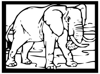 Elephant sketches on black and white background inside frame for comic or coloring.