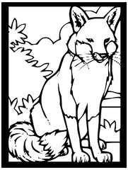 Sketch of a fox on a black and white background in a frame for comics or coloring.