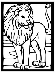 King lion sketch on black and white background inside frame for comic or coloring.