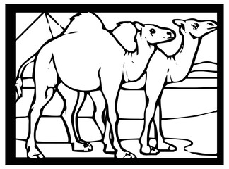 Camel sketch on black and white background inside frame for comic or coloring.