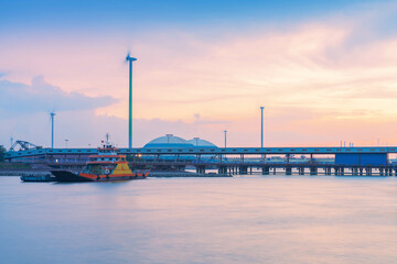 Fototapeta na wymiar Yangtze River port wharf and wind turbine and sunset scenery in Jiangyin City, China