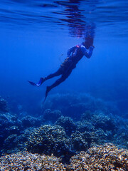 Indonesia Anambas Islands - Men snorkeling in coral reef