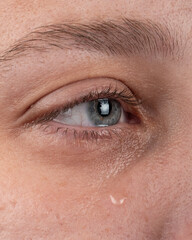 eye with a tear flowing down a woman cheek