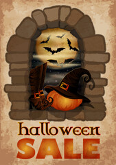 Happy Halloween sale card with pumpkin. vector illustration