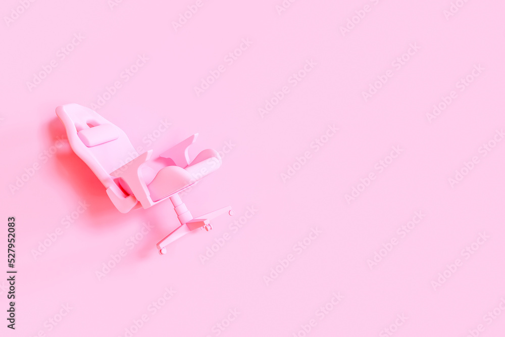 Poster 3d rendering flying gaming chair on pink background with empty space