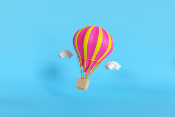 3d illustration cardboard box with hot air balloon and clouds. 3d rendering