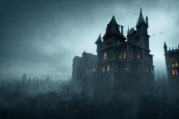 Spookachtig oud gotisch kasteel, mistige nacht, spookhuis