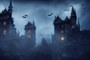 Spooky old gothic castle, foggy night, haunted mansion