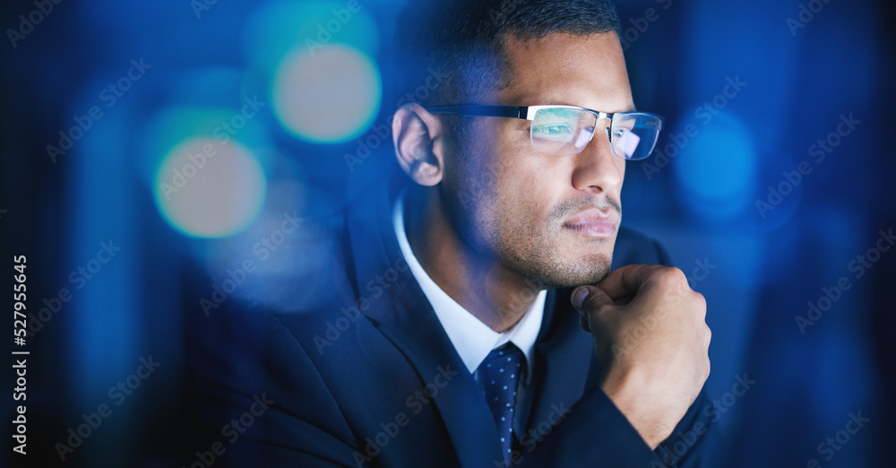 Poster business, office and man thinking, planning and problem solving at night in a corporate company. ser
