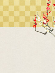 Oriental background material combining red and white plum and traditional patterns - gold & white