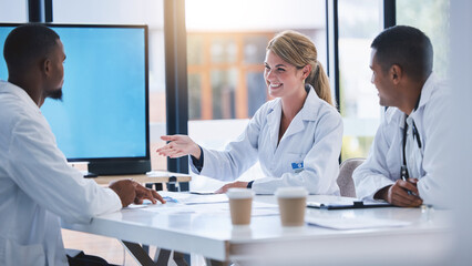 Doctor collaboration and medical innovation discussion in meeting by diverse group, happy and smiling. Health care professional sharing vision and mission while doing drug trial review and analysis