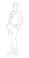 Young man in suit hands in pockets sketch vector illustration.