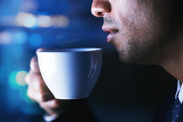 Coffee, relax and man breathing in aroma of beverage after work in bokeh at night. Break, face and...