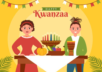 Happy Kwanzaa Holiday African Template Hand Drawn Cartoon Flat Illustration with Order of Name of 7 principles in Candles Symbols Design