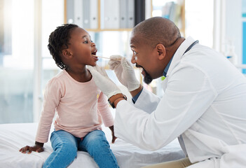 Doctor and child mouth or throat exam in healthcare hospital wellness room and medical consulting...