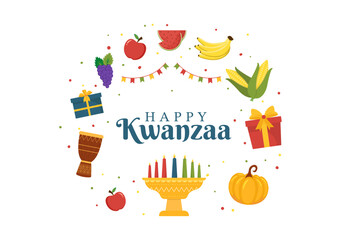 Happy Kwanzaa Holiday African Template Hand Drawn Cartoon Flat Illustration with Order of Name of 7 principles in Candles Symbols Design
