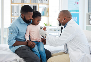 Black family, girl and pediatrician doctor with stethoscope, consulting healthcare worker or...