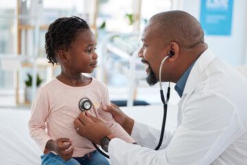 Kids doctor, stethoscope and consulting hospital worker in medical help, insurance exam or lung...