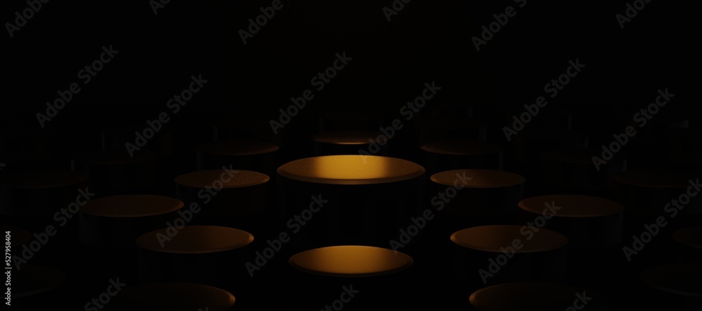 Poster golden empty platform with spotlight, banner stand for product showcase presentation, 3d rendering