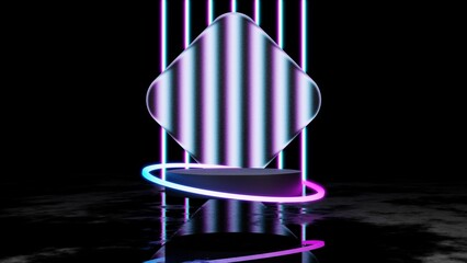 3d rendering modern mockup podium display with neon light, futuristic pedestal blank platform for product showcase, advertising.