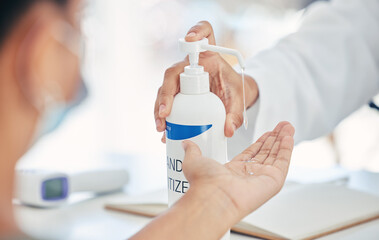 Hands, sanitize and safety from bacteria, corona or germs for protection during flu season. Clean covid products for cleaning, hygiene and safe living from disease virus, illness or virus