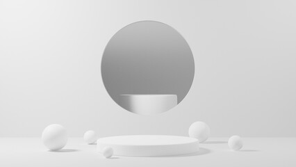 minimal white podium or pedestal for product showcase, empty platform stand display, blank stage for presentation, 3d rendering