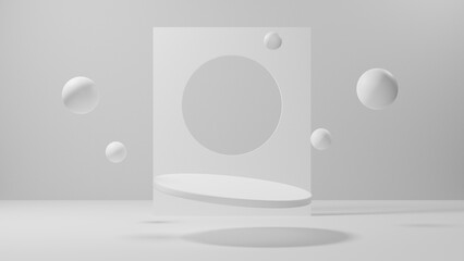 minimal white podium or pedestal for product showcase, empty platform stand display, blank stage for presentation, 3d rendering