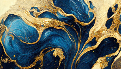 Spectacular high-quality abstract background of a whirlpool of dark blue and gold. Digital art 3D illustration. Mable with liquid texture like turbulent waves. - obrazy, fototapety, plakaty