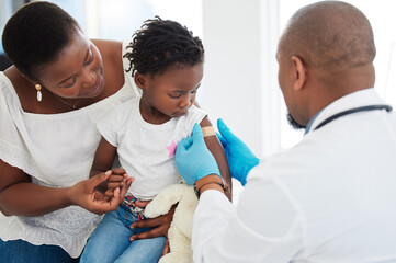 Band aid, covid vaccine or family with doctor in hospital, healthcare or children medical room....