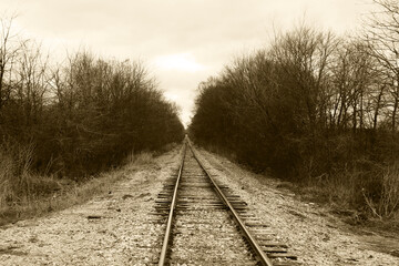 retro sepia vintage photograph rural train tracks transportation railway countryside transport rails forest deserted