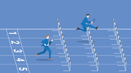 Advantages of hard-working, diligent, enthusiastic, intense. A leader businessman works by laptop and follow up rival run and jump on a race track. Career position, competition, contest, performance.