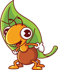 Ant carrying leaf cartoon character illustration