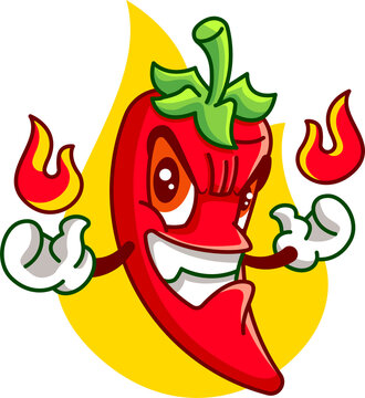 Mad chilli cartoon character hand with floating fireball illustration