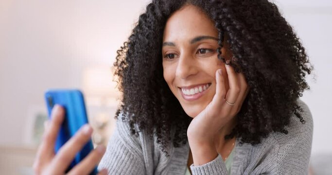 Kiss, wave or woman on phone on video call online dating, social media or talking to boyfriend, lover or partner. Happy black girl on mobile, cellphone and saying goodbye, flirting or communication.
