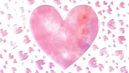 3D rendered random pink hearts water droplets shapes with watercolor painting effect 