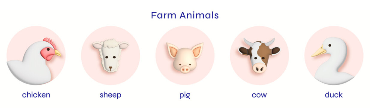 Cute 3D Illustration of Farm Animal Head Icons Including Chicken, SHeep, Pig, Cow, and Duck in Pink Background