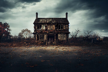 Haunted house, old worn-down abandoned home, creepy and spooky - obrazy, fototapety, plakaty