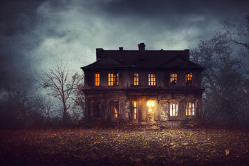 Haunted house, old worn-down abandoned home, creepy and spooky - obrazy, fototapety, plakaty