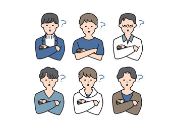 いろいろなカジュアルな服装の男性が疑問を感じているアイコンセット