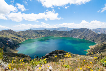 panoramic view of quilotoa lagoon, ecuador - obrazy, fototapety, plakaty