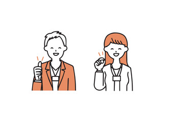 OKサインを出すオフィスカジュアルの男女